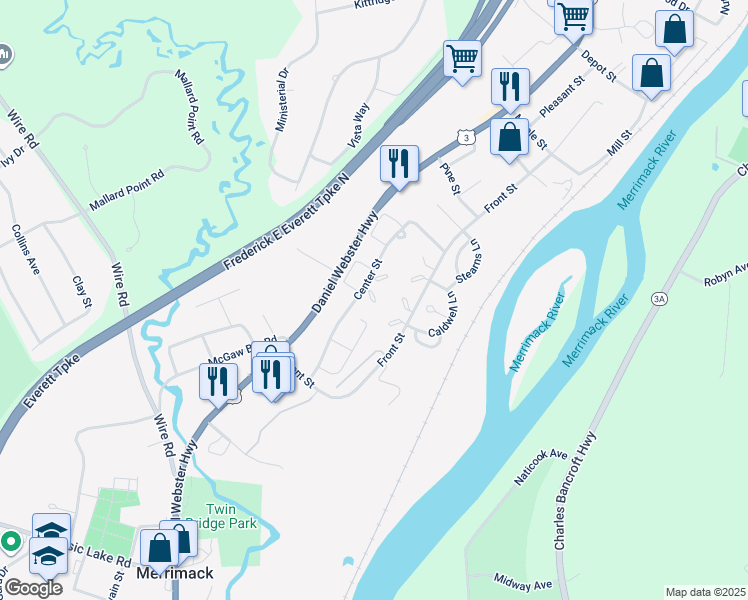 map of restaurants, bars, coffee shops, grocery stores, and more near 10 Kingston Court in Merrimack