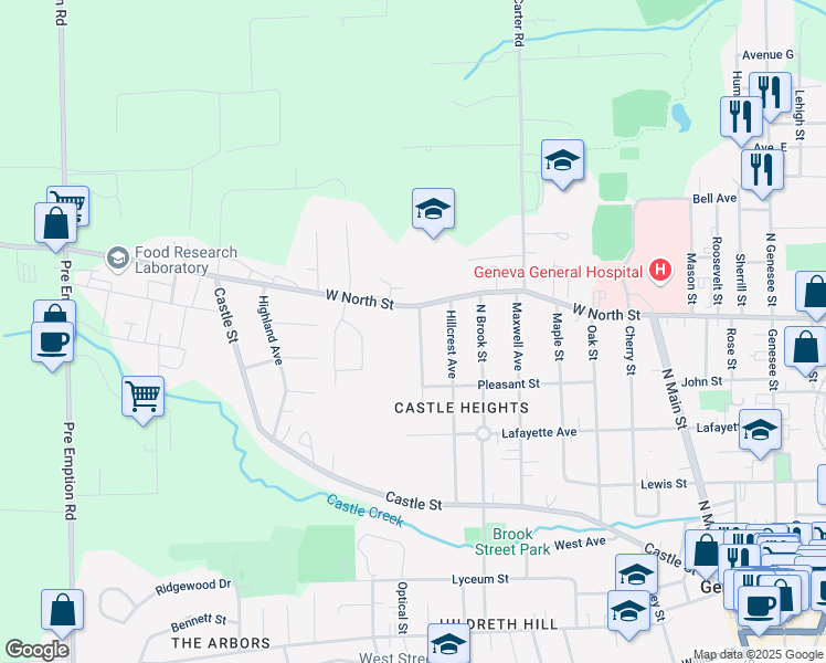 map of restaurants, bars, coffee shops, grocery stores, and more near 40 Larchmont Street in Geneva