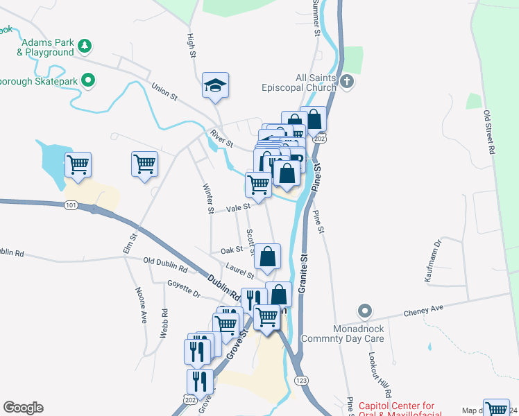 map of restaurants, bars, coffee shops, grocery stores, and more near 43 Grove Street in Peterborough