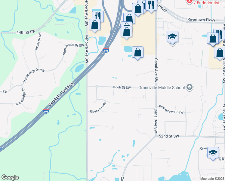 map of restaurants, bars, coffee shops, grocery stores, and more near 4693 Jacob Street Southwest in Wyoming