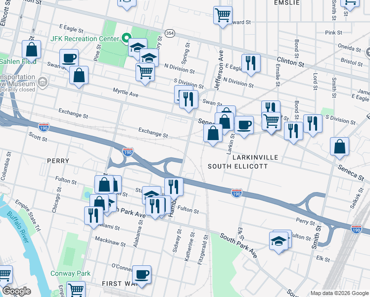 map of restaurants, bars, coffee shops, grocery stores, and more near 566 Exchange Street in Buffalo