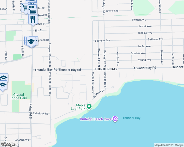map of restaurants, bars, coffee shops, grocery stores, and more near 46 Maple Leaf Avenue North in Fort Erie