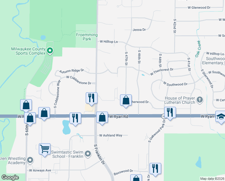 map of restaurants, bars, coffee shops, grocery stores, and more near 9329 South 48th Street in Franklin