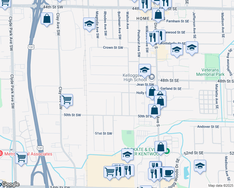 map of restaurants, bars, coffee shops, grocery stores, and more near 160 Jean Street Southwest in Grand Rapids