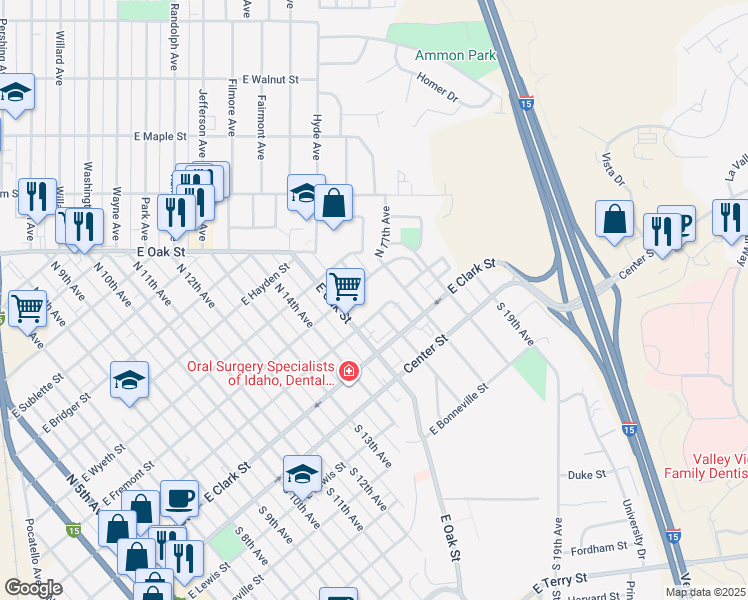 map of restaurants, bars, coffee shops, grocery stores, and more near 11 North 17th Avenue in Pocatello
