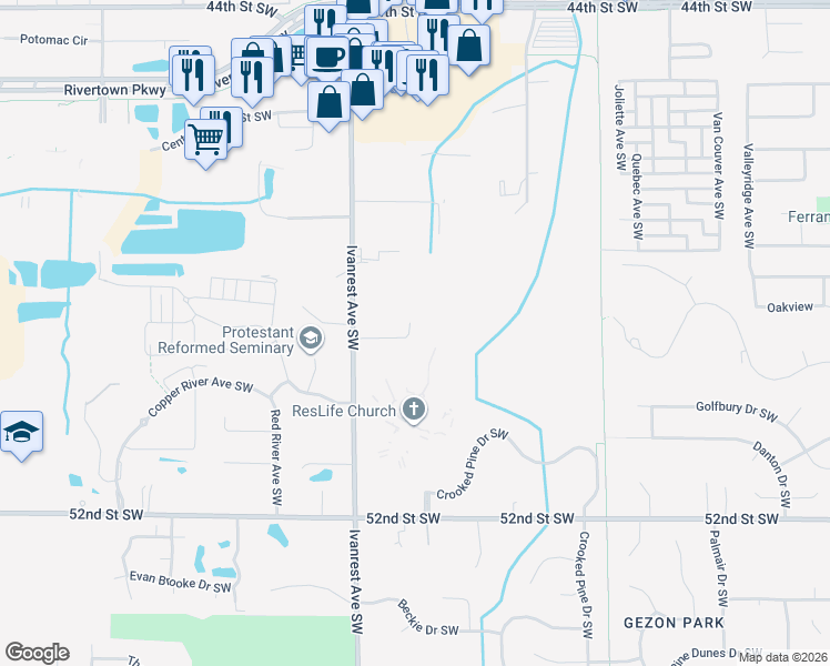map of restaurants, bars, coffee shops, grocery stores, and more near 4930 Ivanrest Avenue Southwest in Wyoming