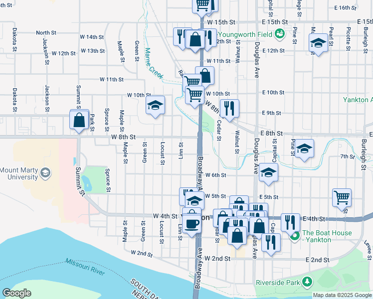 map of restaurants, bars, coffee shops, grocery stores, and more near 411 West 8th Street in Yankton