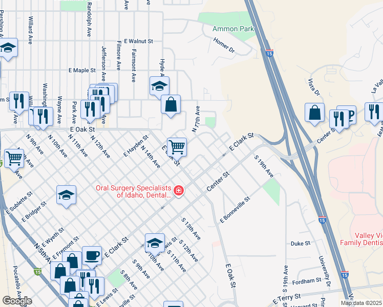 map of restaurants, bars, coffee shops, grocery stores, and more near 344 North 15th Avenue in Pocatello