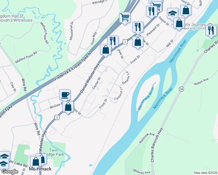 map of restaurants, bars, coffee shops, grocery stores, and more near 4 Clinton Court in Merrimack