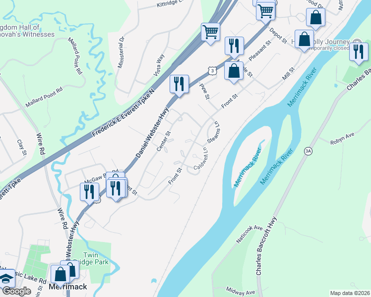 map of restaurants, bars, coffee shops, grocery stores, and more near 12 Blackstone Court in Merrimack