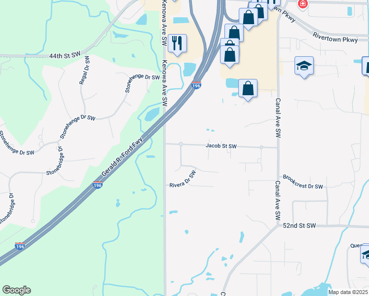map of restaurants, bars, coffee shops, grocery stores, and more near 4940 Riverfield Drive Southwest in Wyoming