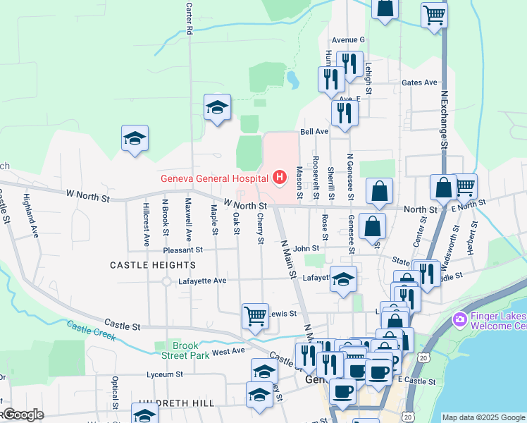 map of restaurants, bars, coffee shops, grocery stores, and more near 237 West North Street in Geneva