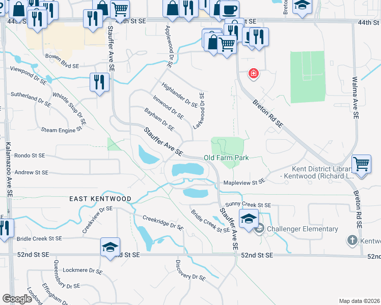 map of restaurants, bars, coffee shops, grocery stores, and more near 4860 Stauffer Avenue Southeast in Grand Rapids