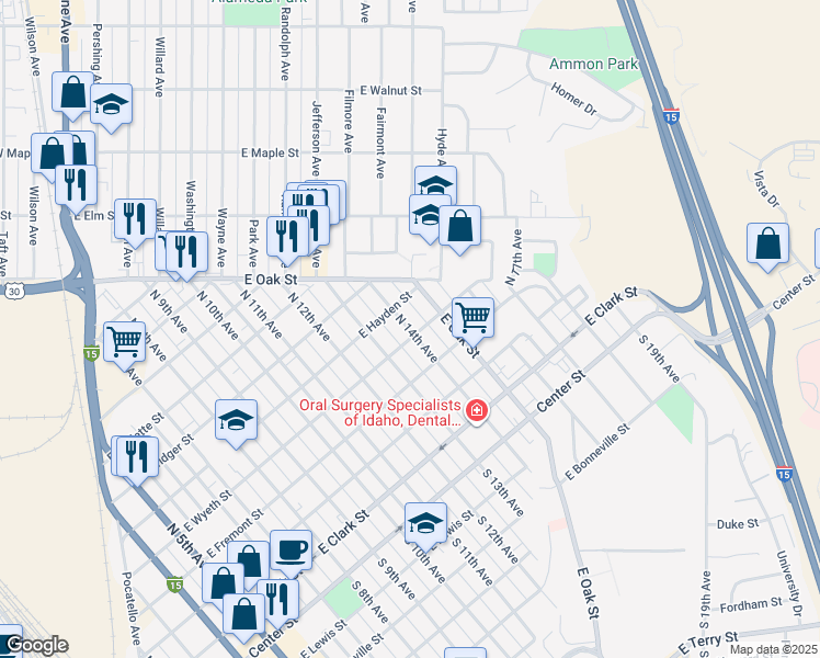 map of restaurants, bars, coffee shops, grocery stores, and more near 1505 East Hayden Street in Pocatello