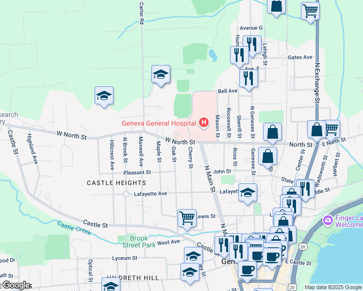 map of restaurants, bars, coffee shops, grocery stores, and more near 260 North Street in Geneva