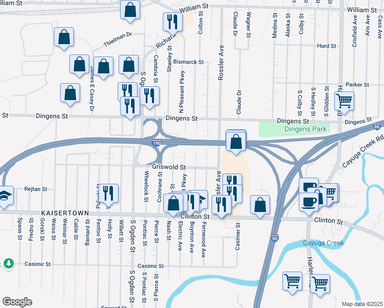 map of restaurants, bars, coffee shops, grocery stores, and more near 141 Willowlawn Parkway in Buffalo
