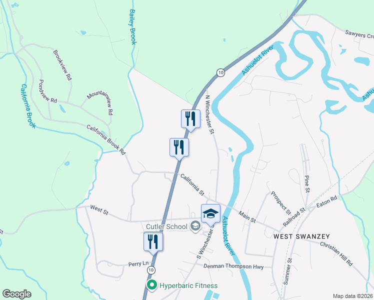 map of restaurants, bars, coffee shops, grocery stores, and more near 1A West Swanzey Road in Swanzey