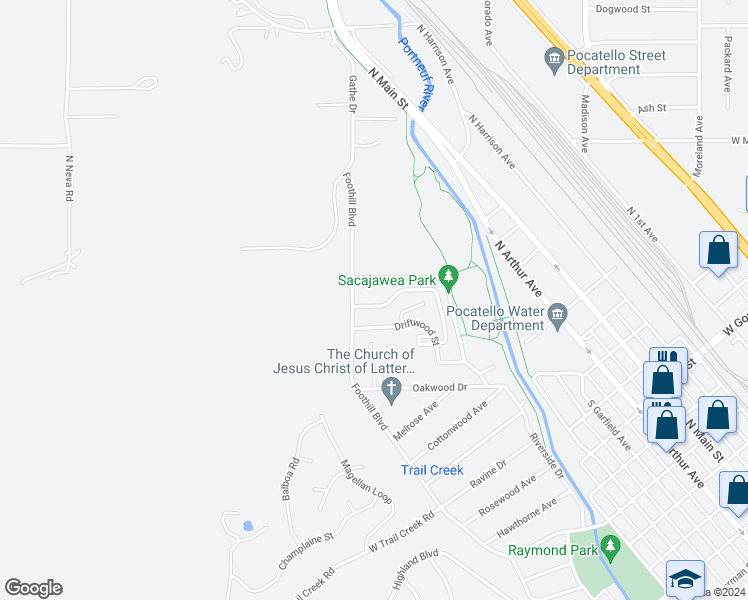 map of restaurants, bars, coffee shops, grocery stores, and more near 188 Teakwood Street in Pocatello