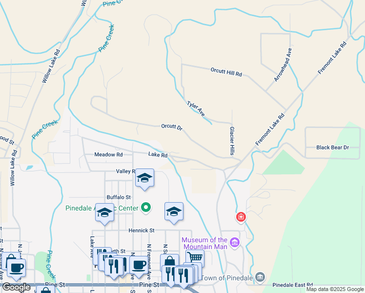 map of restaurants, bars, coffee shops, grocery stores, and more near Orcutt Drive in Pinedale
