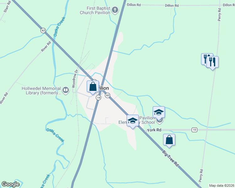 map of restaurants, bars, coffee shops, grocery stores, and more near 6963 Big Tree Road in Pavilion