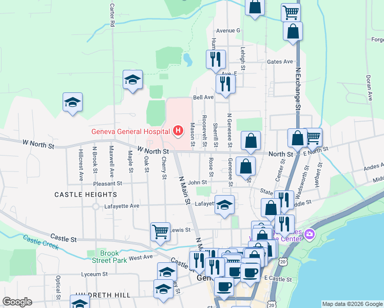 map of restaurants, bars, coffee shops, grocery stores, and more near 1 Mason Street in Geneva