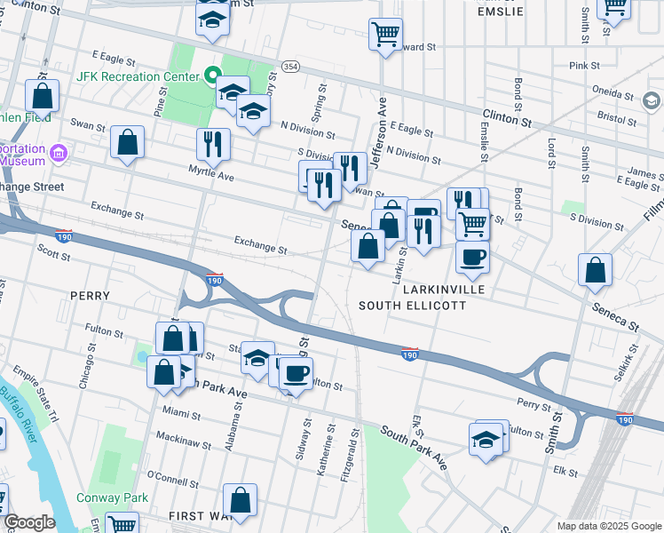 map of restaurants, bars, coffee shops, grocery stores, and more near 566 Exchange Street in Buffalo