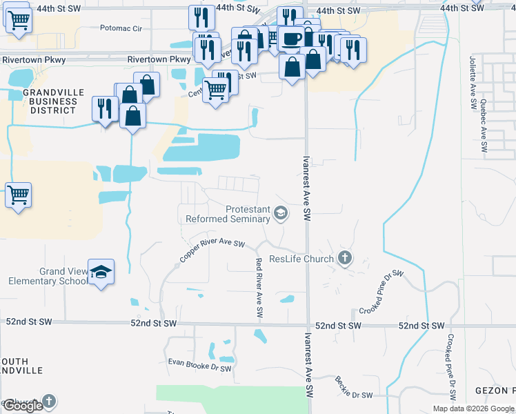 map of restaurants, bars, coffee shops, grocery stores, and more near 4833 Ivanrest Avenue Southwest in Wyoming