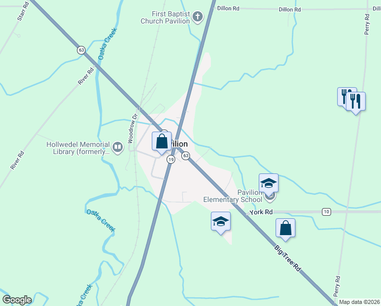 map of restaurants, bars, coffee shops, grocery stores, and more near 6963 Big Tree Road in Pavilion