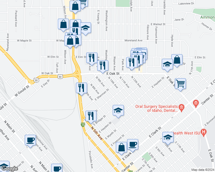 map of restaurants, bars, coffee shops, grocery stores, and more near 912 North 9th Avenue in Pocatello