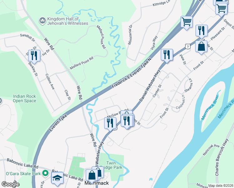 map of restaurants, bars, coffee shops, grocery stores, and more near 1 Sunnydale Drive in Merrimack