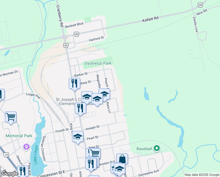map of restaurants, bars, coffee shops, grocery stores, and more near 18 Peach Street in Tillsonburg