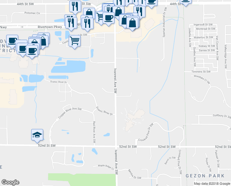 map of restaurants, bars, coffee shops, grocery stores, and more near 4946 Ivanrest Avenue Southwest in Grandville