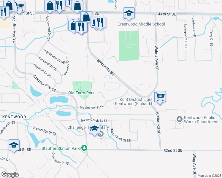 map of restaurants, bars, coffee shops, grocery stores, and more near 2588 Bridgeport Lane Southeast in Kentwood