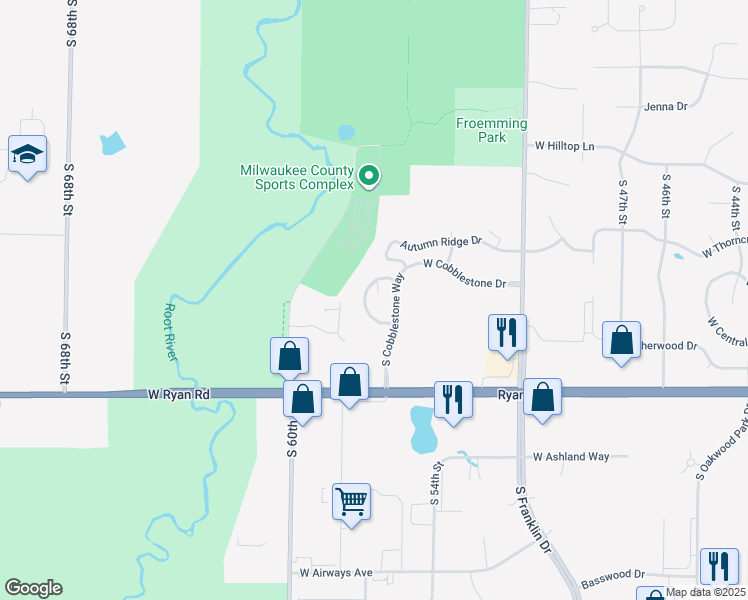 map of restaurants, bars, coffee shops, grocery stores, and more near 9313 South Cobblestone Way in Franklin