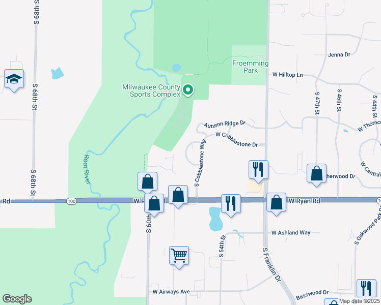 map of restaurants, bars, coffee shops, grocery stores, and more near 9363 South Cobblestone Way in Franklin