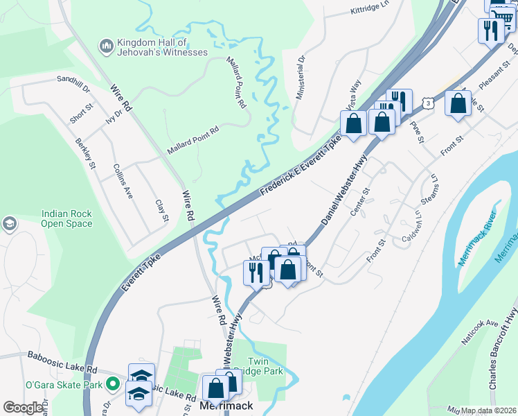 map of restaurants, bars, coffee shops, grocery stores, and more near 1 Sunnydale Drive in Merrimack