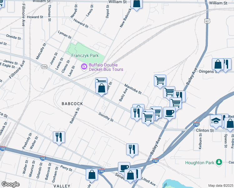 map of restaurants, bars, coffee shops, grocery stores, and more near 139 Scoville Avenue in Buffalo