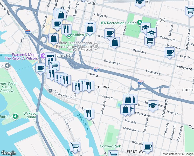 map of restaurants, bars, coffee shops, grocery stores, and more near 199 Scott Street in Buffalo