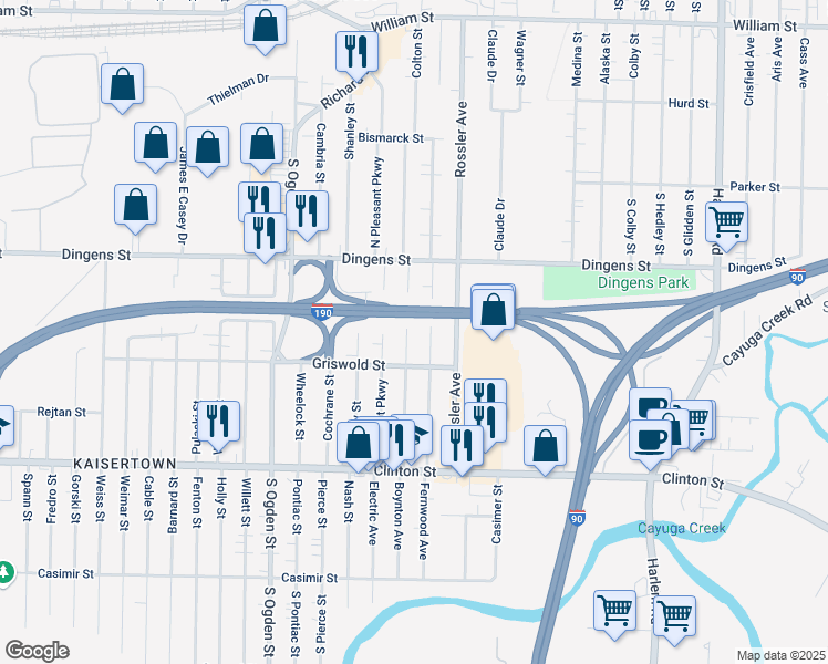 map of restaurants, bars, coffee shops, grocery stores, and more near 141 Willowlawn Parkway in Buffalo