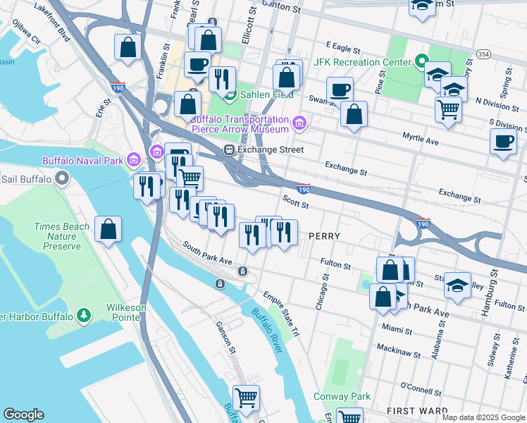 map of restaurants, bars, coffee shops, grocery stores, and more near 125 Scott Street in Buffalo