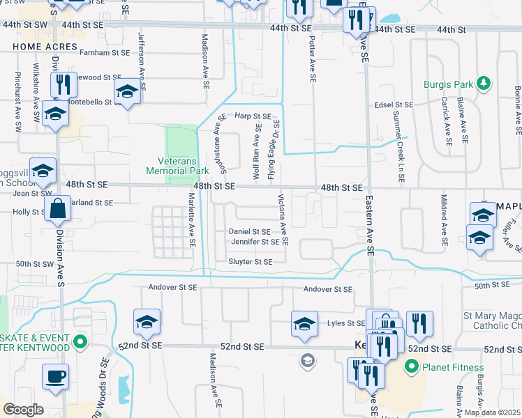 map of restaurants, bars, coffee shops, grocery stores, and more near 555 Garland Street Southeast in Kentwood