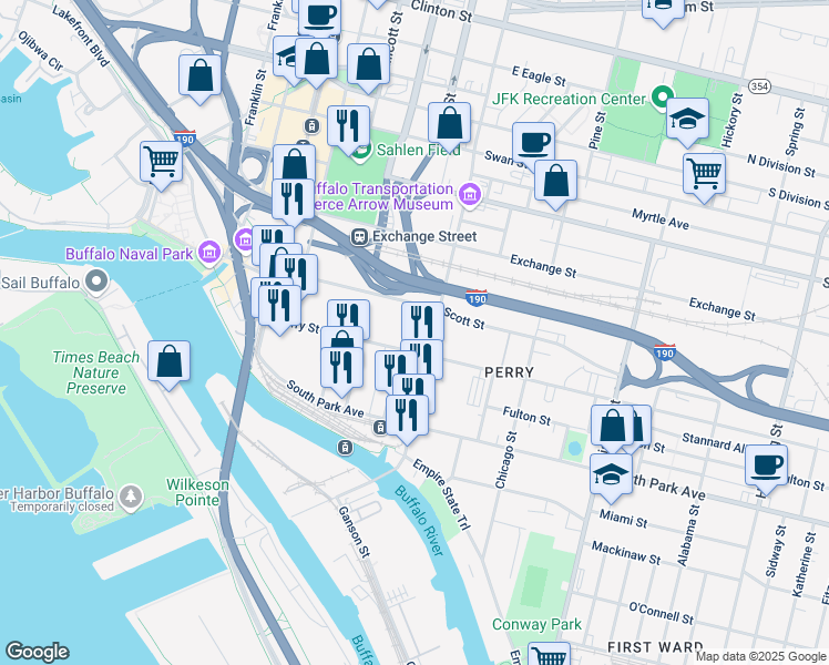 map of restaurants, bars, coffee shops, grocery stores, and more near 125 Scott Street in Buffalo