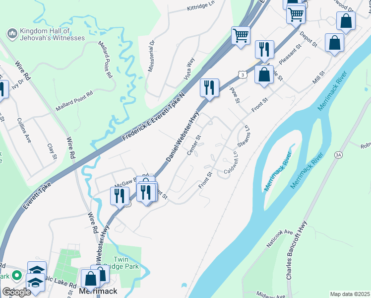 map of restaurants, bars, coffee shops, grocery stores, and more near 29 London Court in Merrimack
