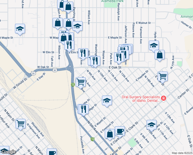 map of restaurants, bars, coffee shops, grocery stores, and more near 931 North 10th Avenue in Pocatello