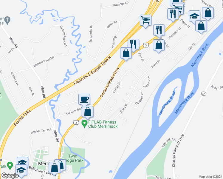 map of restaurants, bars, coffee shops, grocery stores, and more near 31 London Court in Merrimack