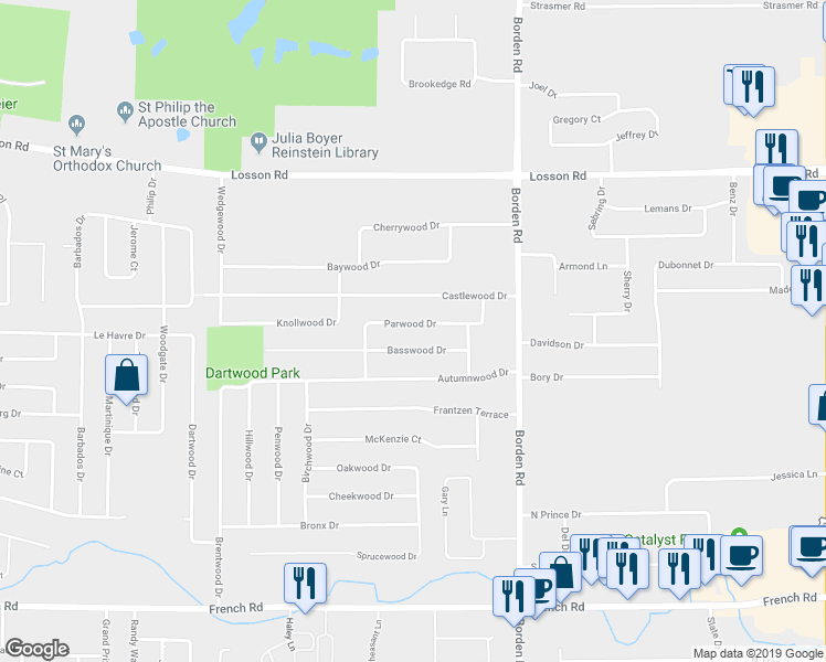 map of restaurants, bars, coffee shops, grocery stores, and more near 75 Parwood Drive in Buffalo