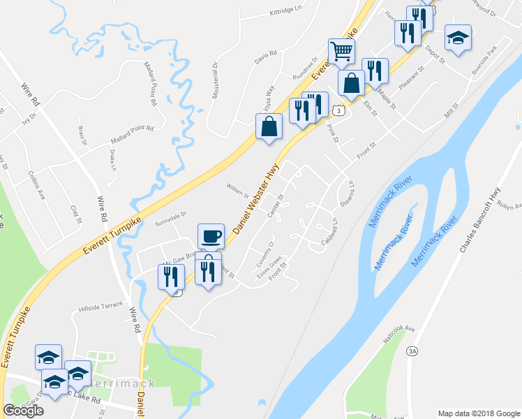 map of restaurants, bars, coffee shops, grocery stores, and more near 42 London Court in Merrimack