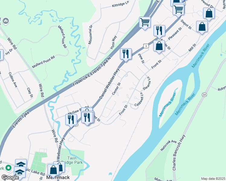 map of restaurants, bars, coffee shops, grocery stores, and more near 104 London Court in Merrimack