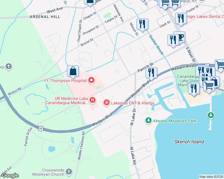 map of restaurants, bars, coffee shops, grocery stores, and more near 199 Parrish Street in Canandaigua