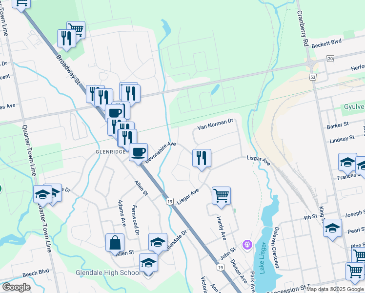 map of restaurants, bars, coffee shops, grocery stores, and more near Devonshire Avenue in Tillsonburg